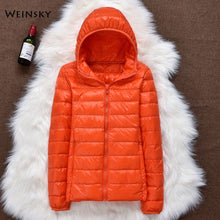 Load image into Gallery viewer, Hiver femmes ultraléger mince doudoune blanc canard vers le bas à capuche vestes à manches longues manteau chaud Parka femme Portable Outwear