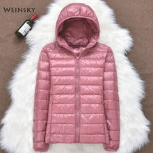 Load image into Gallery viewer, Hiver femmes ultraléger mince doudoune blanc canard vers le bas à capuche vestes à manches longues manteau chaud Parka femme Portable Outwear