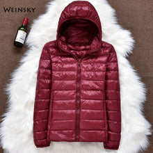 Load image into Gallery viewer, Hiver femmes ultraléger mince doudoune blanc canard vers le bas à capuche vestes à manches longues manteau chaud Parka femme Portable Outwear