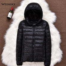 Load image into Gallery viewer, Hiver femmes ultraléger mince doudoune blanc canard vers le bas à capuche vestes à manches longues manteau chaud Parka femme Portable Outwear
