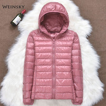 Load image into Gallery viewer, Hiver femmes ultraléger mince doudoune blanc canard vers le bas à capuche vestes à manches longues manteau chaud Parka femme Portable Outwear
