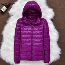 Load image into Gallery viewer, Hiver femmes ultraléger mince doudoune blanc canard vers le bas à capuche vestes à manches longues manteau chaud Parka femme Portable Outwear
