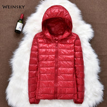 Load image into Gallery viewer, Hiver femmes ultraléger mince doudoune blanc canard vers le bas à capuche vestes à manches longues manteau chaud Parka femme Portable Outwear
