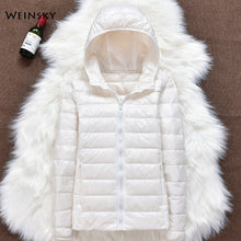 Load image into Gallery viewer, Hiver femmes ultraléger mince doudoune blanc canard vers le bas à capuche vestes à manches longues manteau chaud Parka femme Portable Outwear
