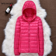 Load image into Gallery viewer, Hiver femmes ultraléger mince doudoune blanc canard vers le bas à capuche vestes à manches longues manteau chaud Parka femme Portable Outwear
